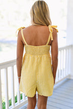 Load image into Gallery viewer, Yellow Stripe Shoulder Tie Smocked Back Wide Leg Casual Romper
