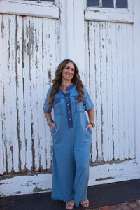 Blue Half Placket Chest Pockets Short Sleeve Wide Leg Jumpsuit