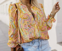 Load image into Gallery viewer, Paisley Print Ruffled Trim Boho Shirt
