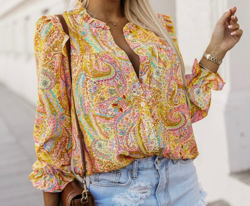 Paisley Print Ruffled Trim Boho Shirt