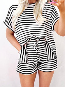Stripe Knitted Short Sleeve Top and Drawstring Shorts Set