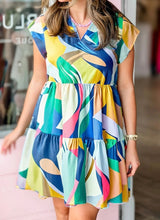 Load image into Gallery viewer, Abstract Print V Neck Cap Sleeve Pocketed Mini Dress

