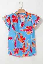 Load image into Gallery viewer, Blue Floral Print V Neck Pompom Trim Flutter Sleeve Blouse
