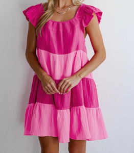 Crinkled Colorblock Patchwork Flutter Tiered Mini Dress