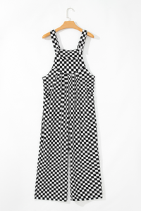 Checkered Print Pocketed Wide Leg Overalls