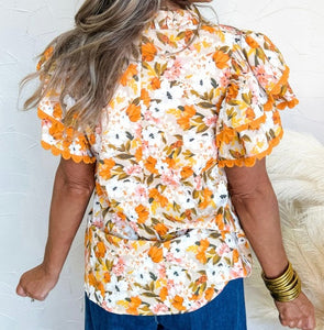 Orange Ruffled V Neck Scalloped Short Sleeve Floral Blouse