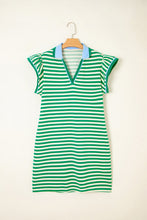 Load image into Gallery viewer, Green Stripe Print Contrast Collar Split Neck Flutter Sleeve Short Dress
