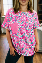 Load image into Gallery viewer, Pink Plus Size Floral Print Corded Patchwork Loose Top
