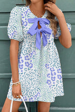 Load image into Gallery viewer, Sky Blue Leopard Contrast Bow Puff Sleeve Mini Dress
