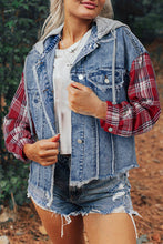 Load image into Gallery viewer, Plaid Print Patchwork Hooded Raw Hem Denim Jacket

