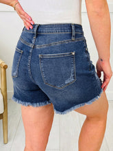 Load image into Gallery viewer, Asymmetric Raw Hem Distressed Whiskery Denim Shorts
