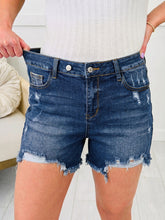 Load image into Gallery viewer, Asymmetric Raw Hem Distressed Whiskery Denim Shorts

