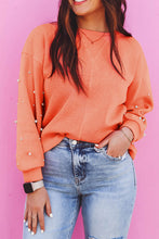 Load image into Gallery viewer, Pearled Sleeves Drop Shoulder Round Neck Pullover Sweatshirt
