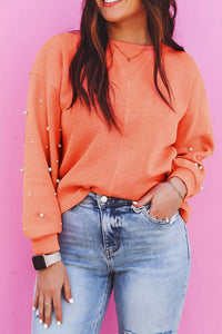 Pearled Sleeves Drop Shoulder Round Neck Pullover Sweatshirt