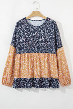 Load image into Gallery viewer, Floral Color Block Patchwork Ruffled Hem Round Neck Blouse
