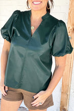 Load image into Gallery viewer, Green Notched V Neck Short Puff Sleeve Faux Leather Blouse
