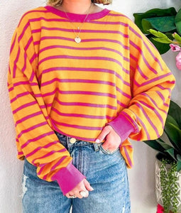 Stripe Trimmed Round Neck Drop Shoulder Loose Sweater