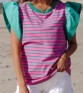 Striped Ruffled Sleeve Crew Neck Blouse