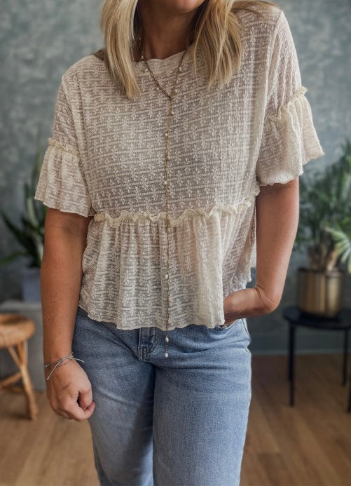 Textured Ruffled Short Sleeve Blouse