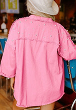 Load image into Gallery viewer, Bonbon Pearl Beaded Raw Hem Button Up Denim Jacket
