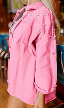 Load image into Gallery viewer, Bonbon Pearl Beaded Raw Hem Button Up Denim Jacket
