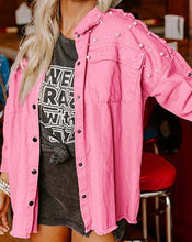 Load image into Gallery viewer, Bonbon Pearl Beaded Raw Hem Button Up Denim Jacket
