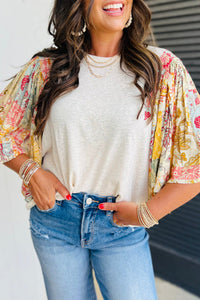 Floral Patchwork Half Batwing Sleeve Blouse