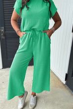 Load image into Gallery viewer, Solid Corded Knit Short Sleeve T Shirt and Wide Leg Pants Set
