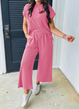 Load image into Gallery viewer, Solid Corded Knit Short Sleeve T Shirt and Wide Leg Pants Set
