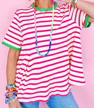 Load image into Gallery viewer, Rose Stripe Contrast Trim Crew Neck Loose Short Sleeve Top
