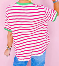 Load image into Gallery viewer, Rose Stripe Contrast Trim Crew Neck Loose Short Sleeve Top
