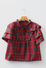 Load image into Gallery viewer, Plaid Pearl Embellished Ruffle Short Sleeve Blouse
