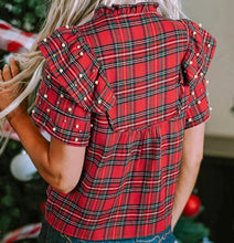 Load image into Gallery viewer, Plaid Pearl Embellished Ruffle Short Sleeve Blouse
