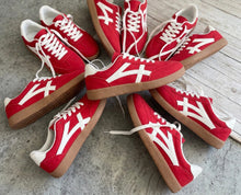 Load image into Gallery viewer, Red Faux Suede Contrast Patchwork Detail Lace Up Flat Sneakers
