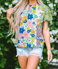 Load image into Gallery viewer, Bubble Sleeve Lace Trim Floral Mixed Print Blouse
