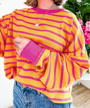 Load image into Gallery viewer, Stripe Trimmed Round Neck Drop Shoulder Loose Top
