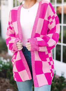 Checkered Print Open Front Cardigan