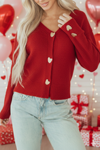 Load image into Gallery viewer, Heart Metal Button V Neck Cardigan Sweater
