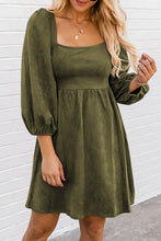 Load image into Gallery viewer, Green Suede Square Neck Puff Sleeve Dress
