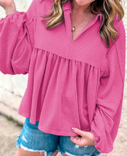 Load image into Gallery viewer, Pink Corded Turn-down V Neck Bubble Sleeve Babydoll Blouse
