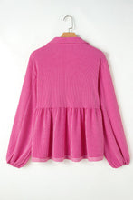 Load image into Gallery viewer, Pink Corded Turn-down V Neck Bubble Sleeve Babydoll Blouse
