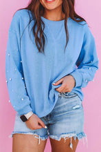 Load image into Gallery viewer, Pearled Sleeves Drop Shoulder Round Neck Pullover Sweatshirt
