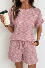 Load image into Gallery viewer, Heathered Textured Ruffle Sleeve Top and Drawstring Shorts Set
