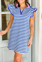 Load image into Gallery viewer, Stripe Print Contrast Collar Split Neck Flutter Sleeve Short Dress
