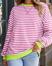 Load image into Gallery viewer, Striped Contrast Ribbed Trim Crossed Stitch Drop Shoulder Sweatshirt
