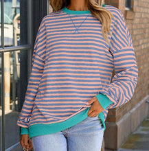 Load image into Gallery viewer, Striped Contrast Ribbed Trim Crossed Stitch Drop Shoulder Sweatshirt
