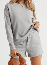 Load image into Gallery viewer, Textured Long Sleeve Top and Drawstring Shorts Set
