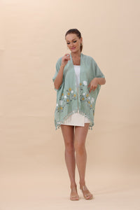 Floral Embroidered Tassel Hem Kimono Cardigan