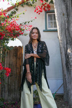 Load image into Gallery viewer, Black floral lace knit kimono, chic and breathable layer.
