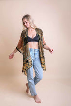 Load image into Gallery viewer, Bohemian Burnout Velvet Kimono Ponchos Black/Mustard
